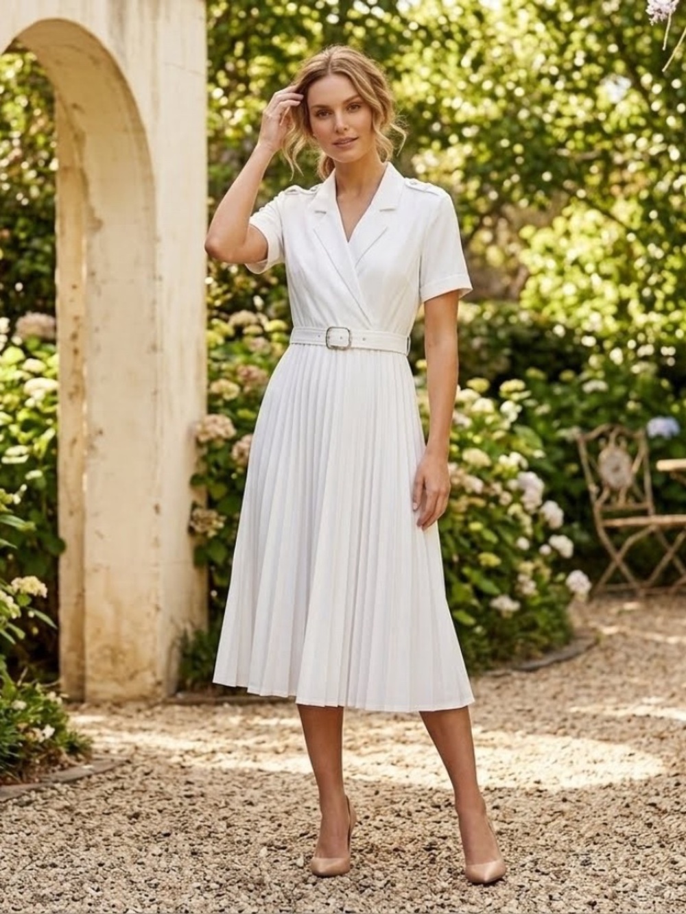 Vintage Murray Meisner White Pleated Midi Dress Military Epaulets Belted Size 8